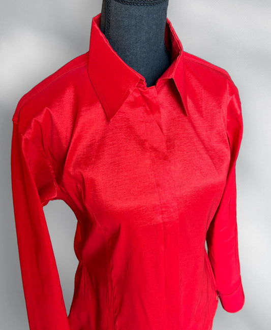 Red Fitted Taffeta Zip Up Shirt