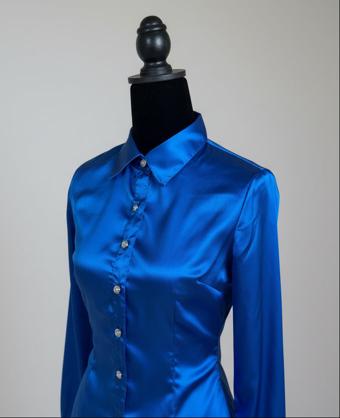 Royal Blue Satin Button Up