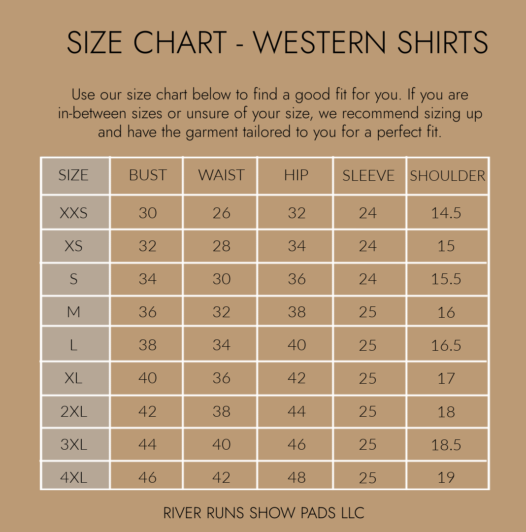 Size chart for western shirts with measurements on a brown background