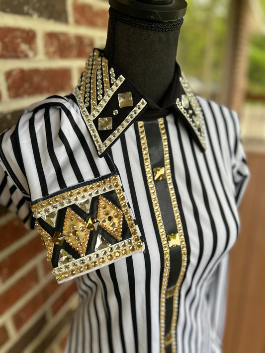 White & Gold Striped Back Zip Show Shirt