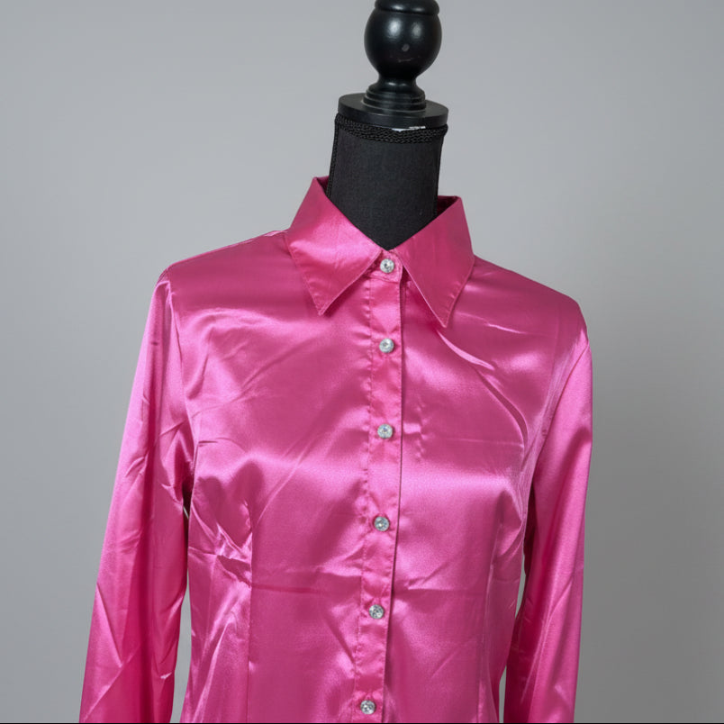 New - Pink Satin Button Up