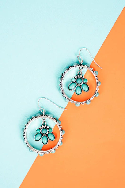 Western Turquoise Silvertone Blossom Charm Hoop Earrings