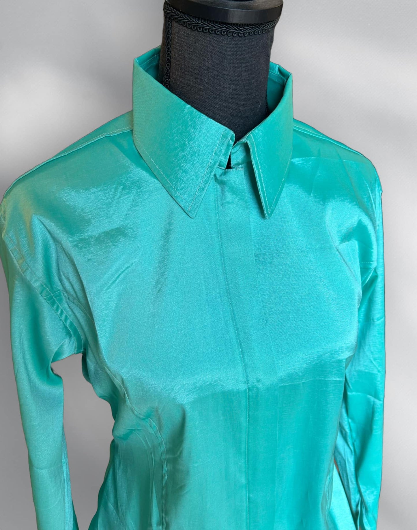 Fitted Taffeta Zip Up Shirt - Light Teal