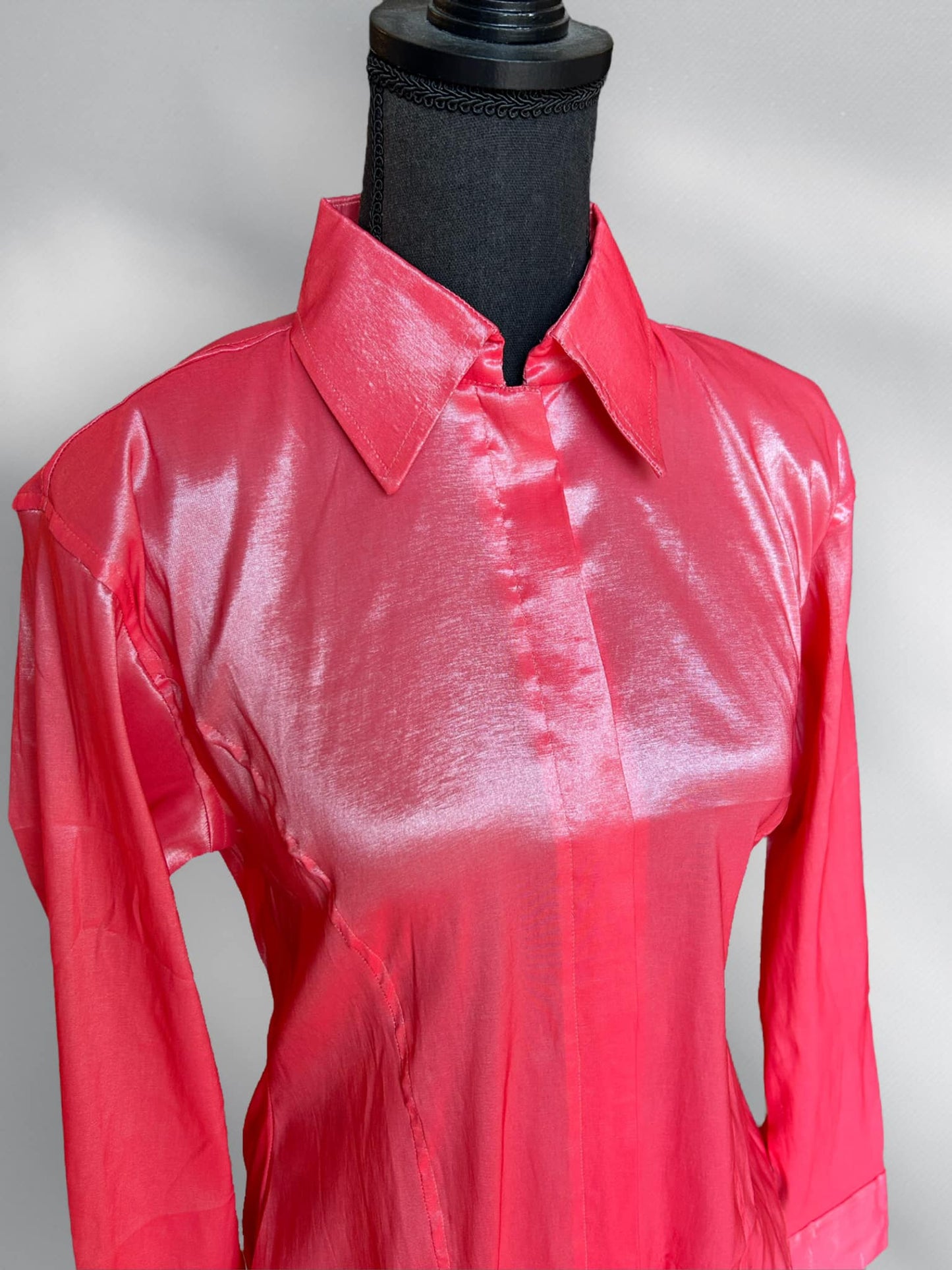 Fitted Taffeta Zip Up Shirt - Coral Pink