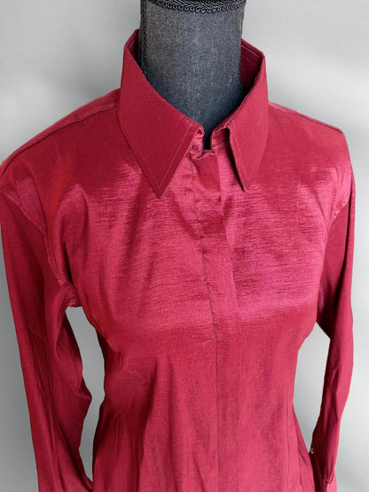 Maroon Fitted Taffeta Zip Up Shirt