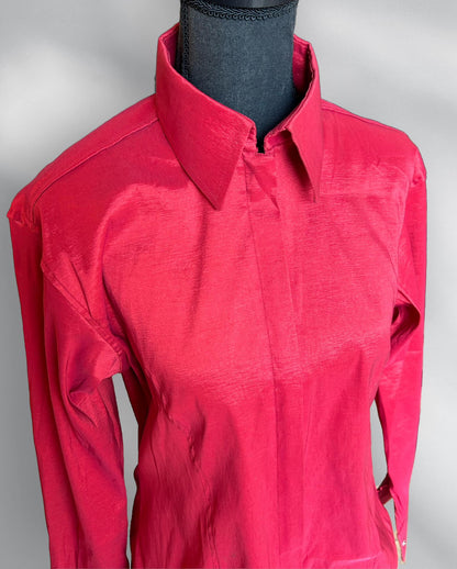 Dark Red Fitted Taffeta Zip Up Shirt