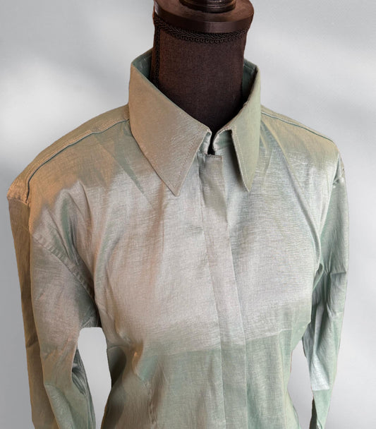 Fitted Taffeta Zip Up Shirt - Sage Green