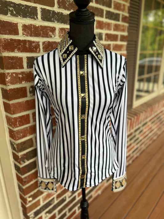 White & Gold Striped Back Zip Show Shirt