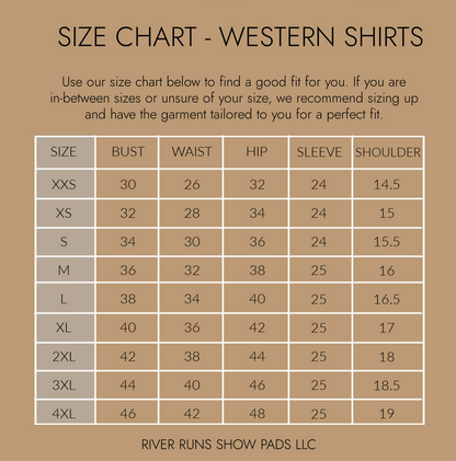 Size chart for western shirts with measurements on a brown background