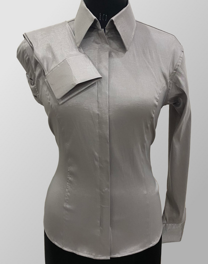 Gray Fitted Taffeta Zip Up Shirt