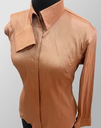 Rose Gold Fitted Taffeta Zip Up Shirt