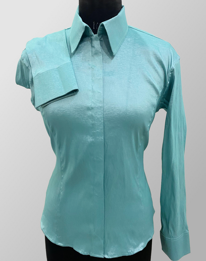 Light Turquoise Fitted Taffeta Zip Up Shirt