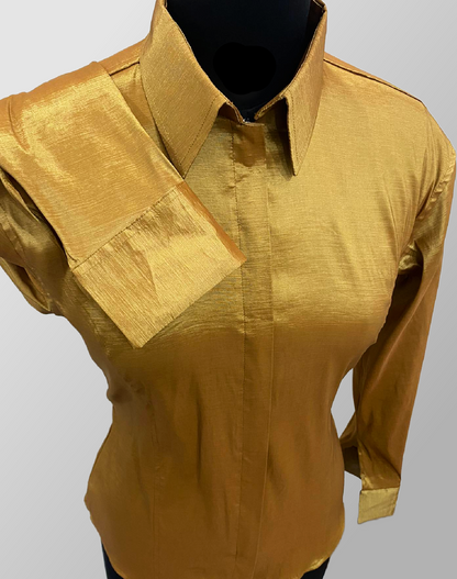 Gold Fitted Taffeta Zip Up Shirt