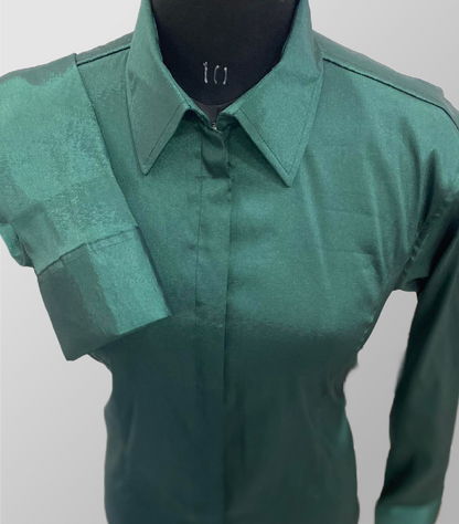 Green Fitted Taffeta Zip Up Shirt