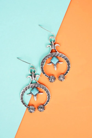 Turquoise Silvertone Sadler Arch Western Earrings