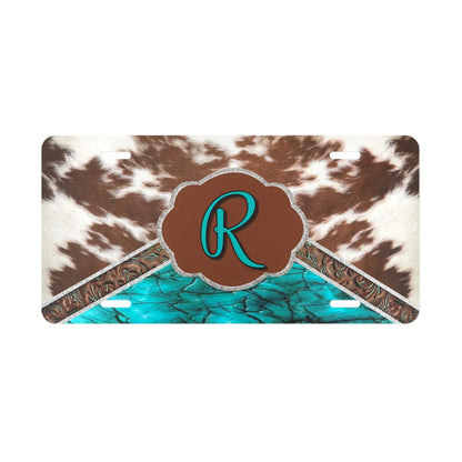 Custom Cow Hide + Turquoise Western License Plate