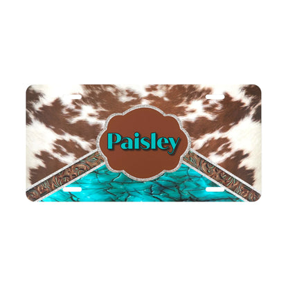 Custom Cow Hide + Turquoise Western License Plate