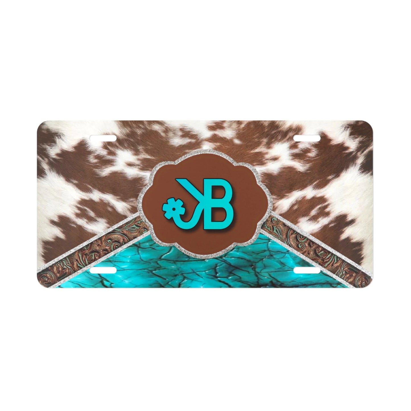 Custom Cow Hide + Turquoise Western License Plate