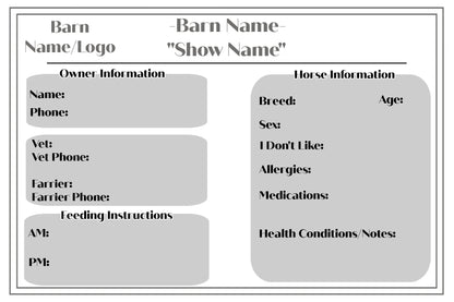 Horse Medical Information Stall Card for Training/Boarding Barns